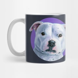 White Stafforshire Bull Terrier Pitbull Dog with Purple Mug